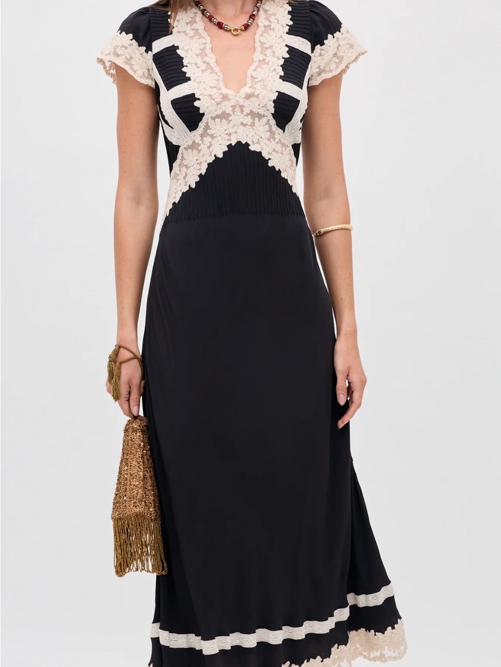 RIXO Martina Dress - Black Midi Dress with Lace Trim